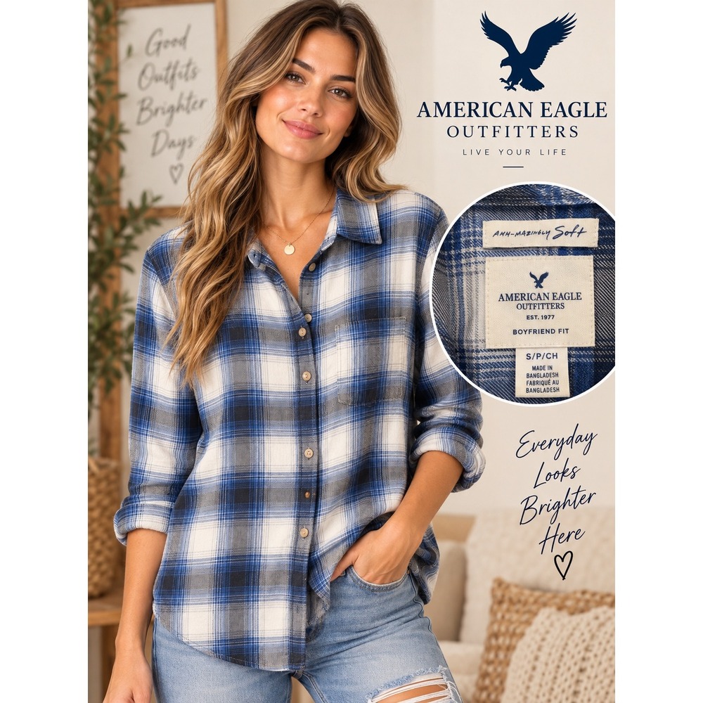 American Eagle Outfitters Blue Plaid Ahh-mazingly Soft Boyfriend Flannel Shirt S